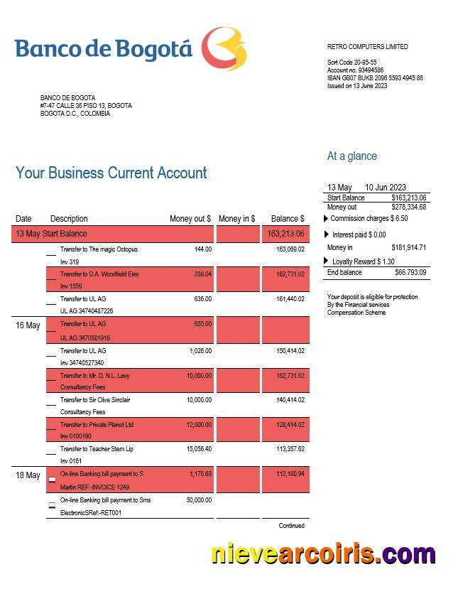 Banco de Bogotá enterprise account statement